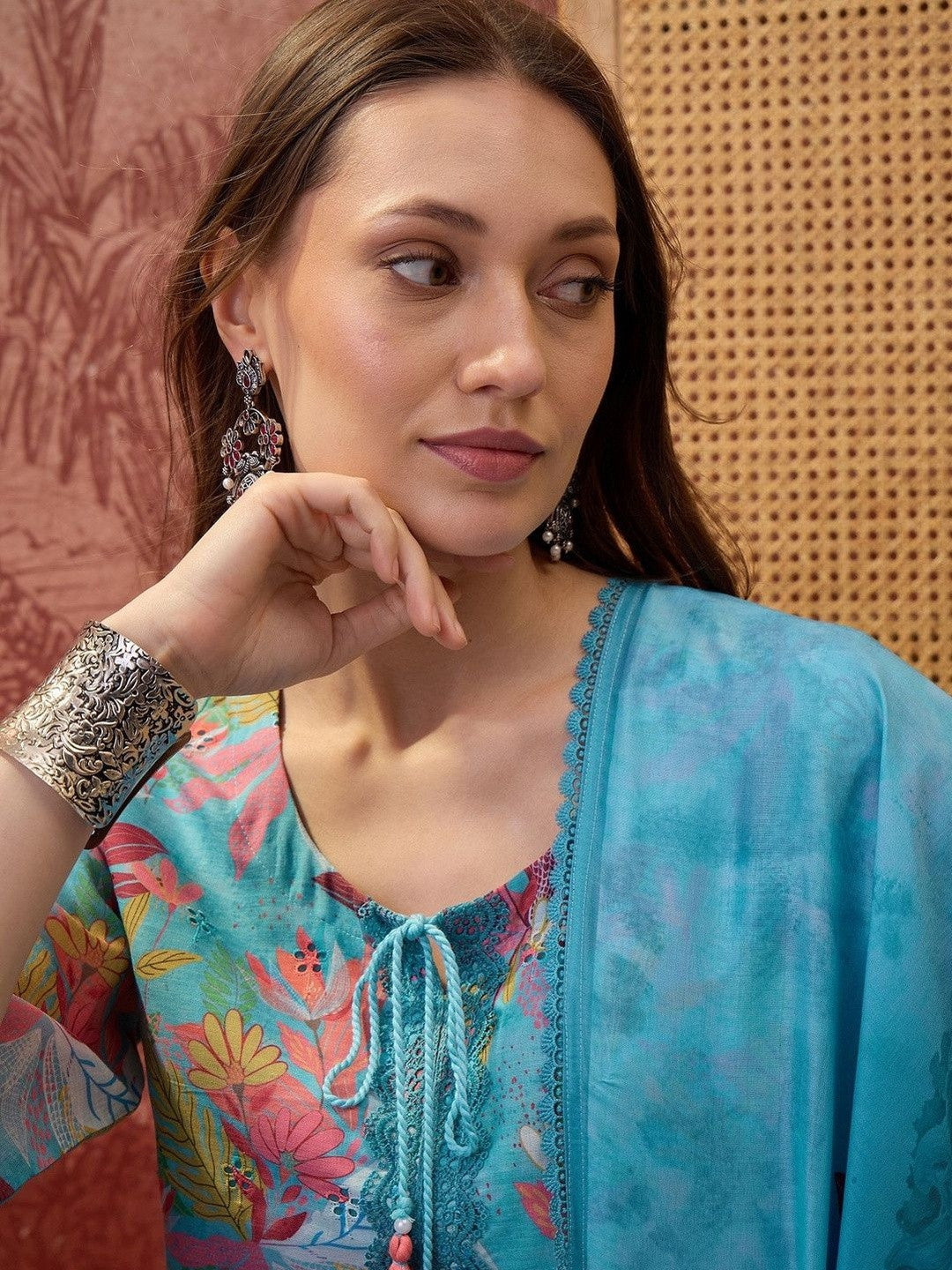 Floral Printed Round Neck Lace Hem Kurta & Trousers With Dupatta
