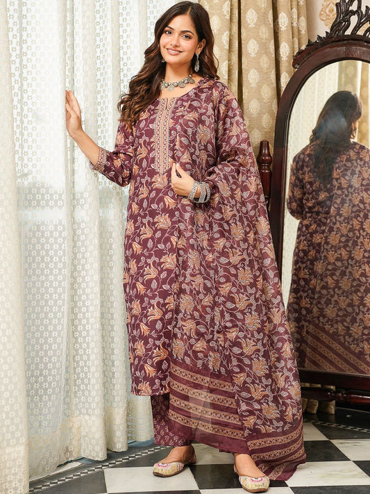 Dhiyona KL Women Floral Printed Regular Thread Work Kurta with Trousers & Dupatta