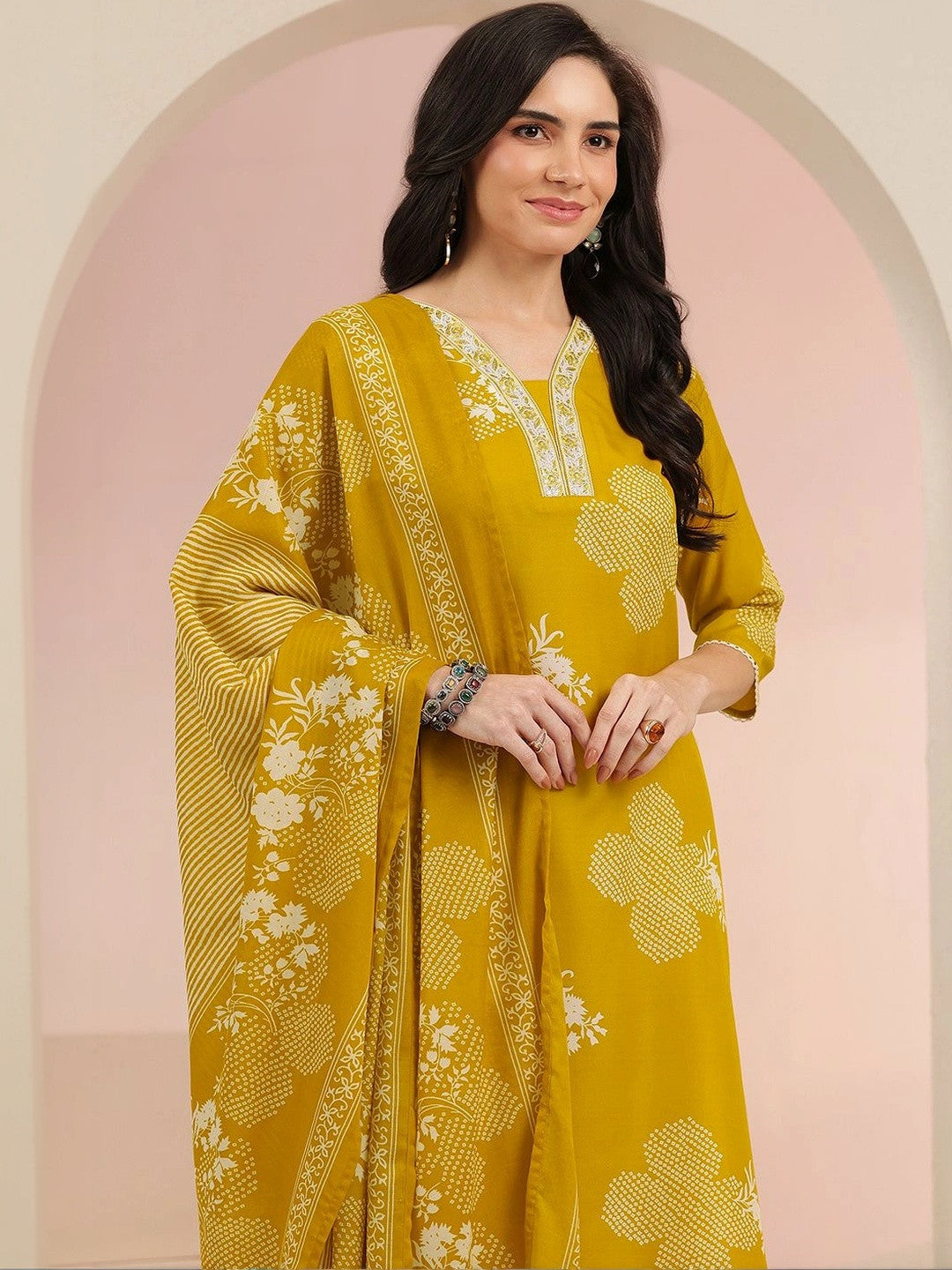 Mustard Bandhani Printed Cotton Blend Straight Suit Set