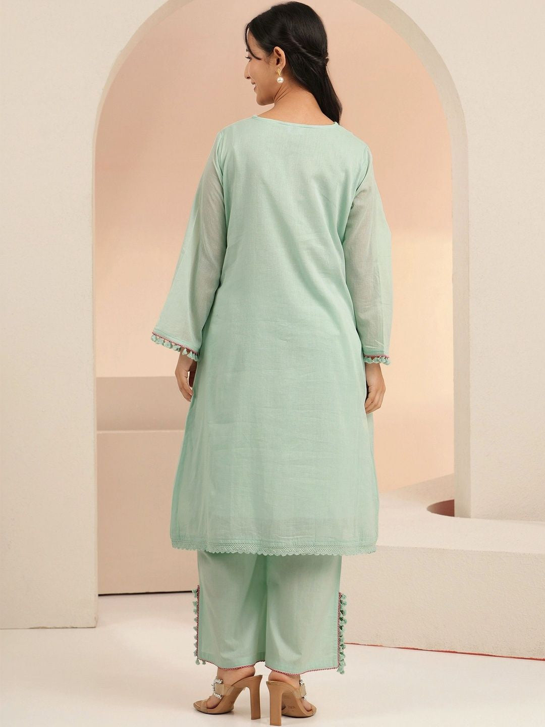 Mint Green Peacock Motif Cotton A-Line Kurta Set