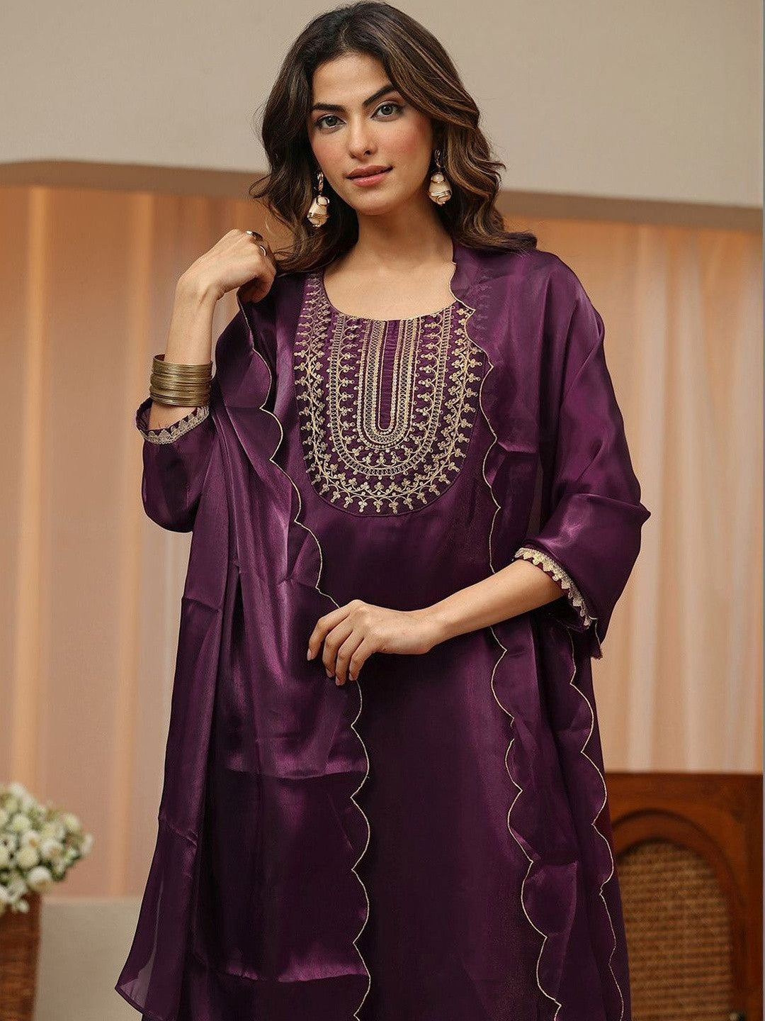 Libas Burgundy Yoke Design Tissue Straight Suit Set
