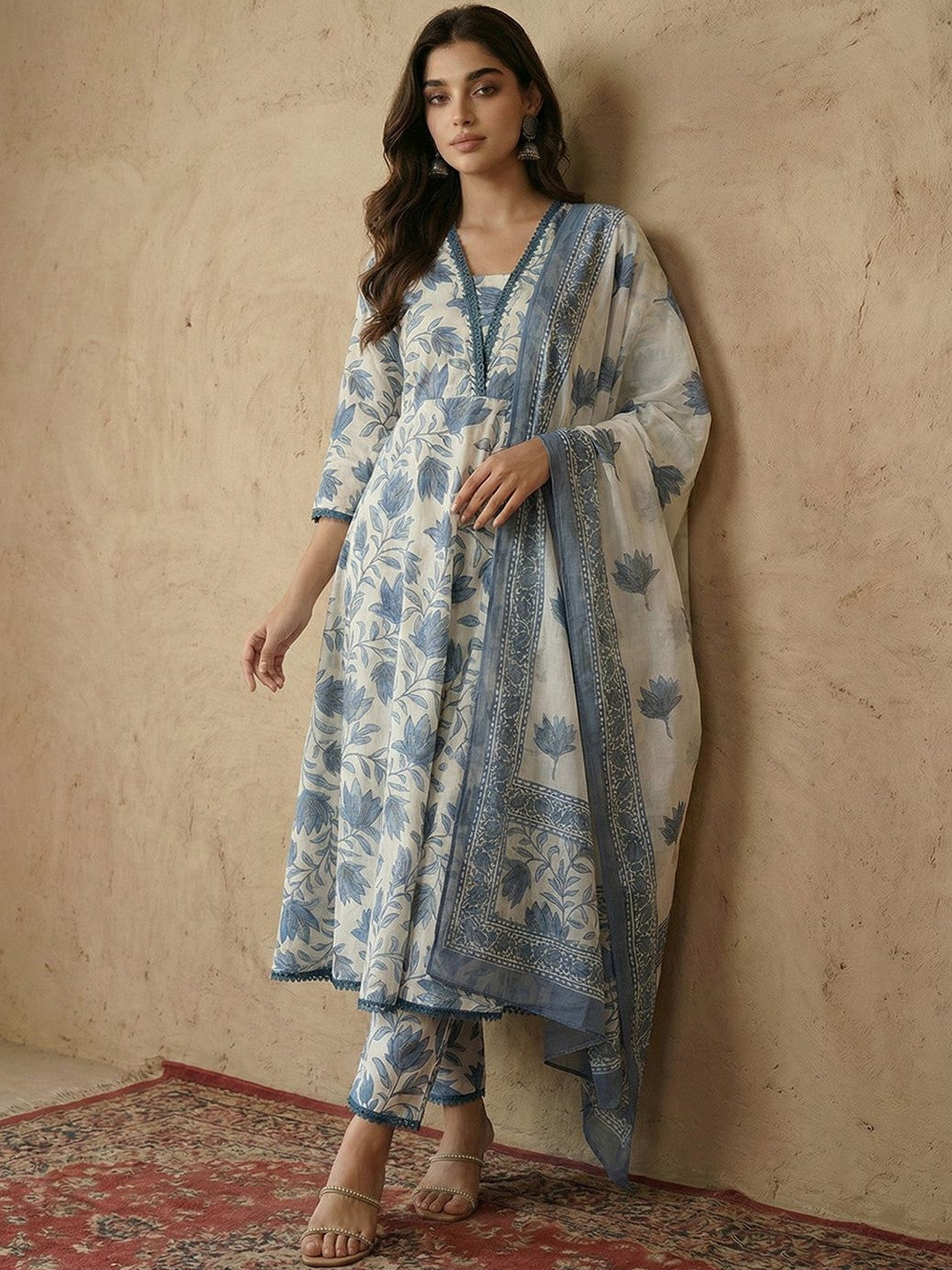 Dhiyona SN Printed V-Neck Kurta & Trousers With Dupatta