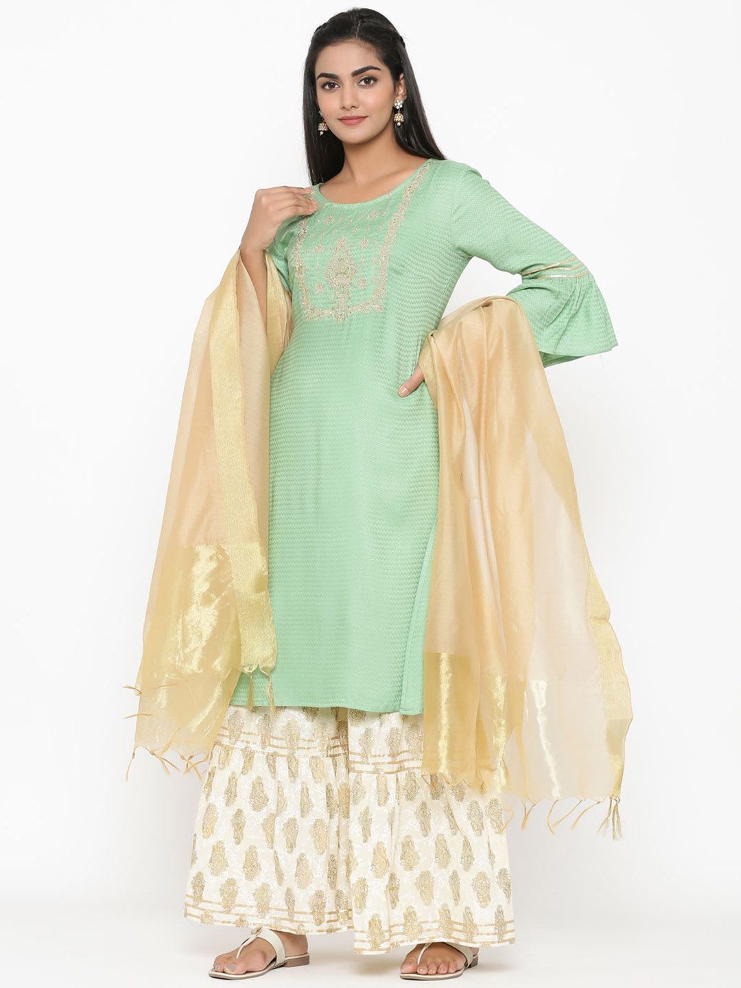 Dhiyona AN Women Regular Thread Work Kurta with Sharara & With Dupatta