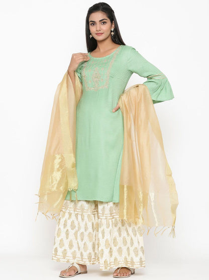 Dhiyona AN Women Regular Thread Work Kurta with Sharara & With Dupatta