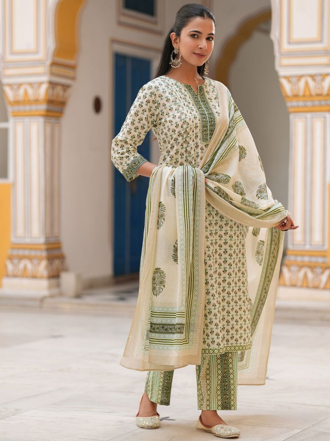 Dhiyona RR Women's Printed Sequinned Pure Cotton Kurta with Trousers & Dupatta