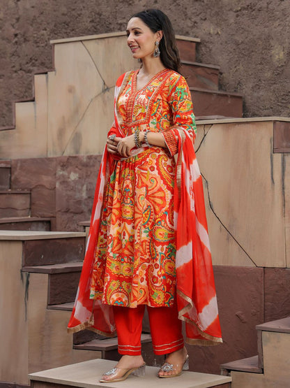 Dhiyona RR Women's Printed Gotta Patti Pure Cotton A-Line Kurta with Trousers & Dupatta