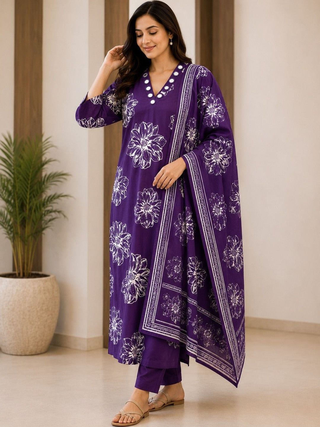 Women Floral Printed Regular Pure Cotton Kurta with Trousers & With Dupatta