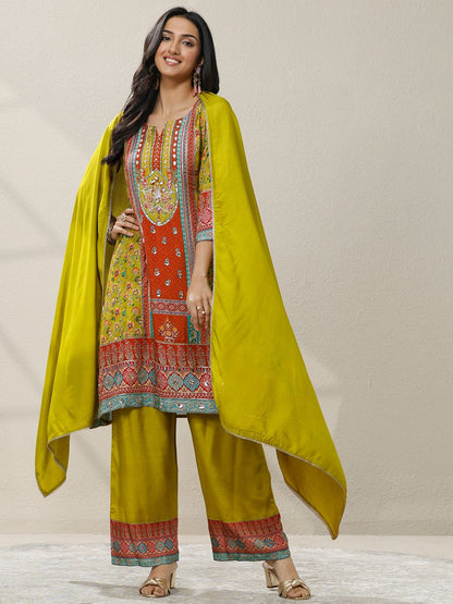 Dhiyona LL Women Floral Printed Regular Sequinned Kurta with Palazzos & With Dupatta
