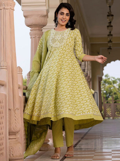 Dhiyona KL Floral Printed Mirror Work Anarkali Pure Cotton Kurta With Trousers & Dupatta