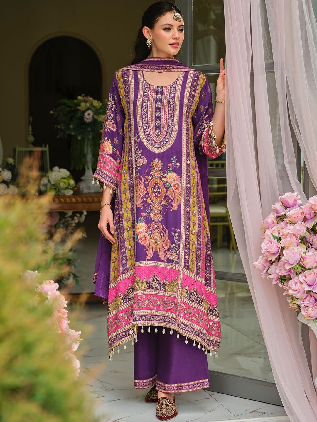 Dhiyona IE Ethnic Motifs Printed Round Neck Mirror Work Silk Kurta With Palazzos & Dupatta