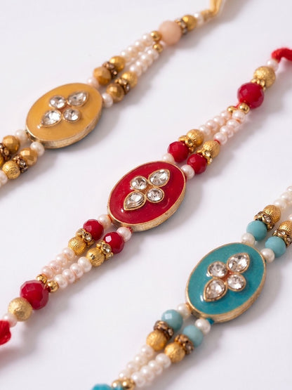 Dhiyona Set Of 3 Multicolor Artificial Beads & White Pearls Thread Rakhi With Roli Chawal
