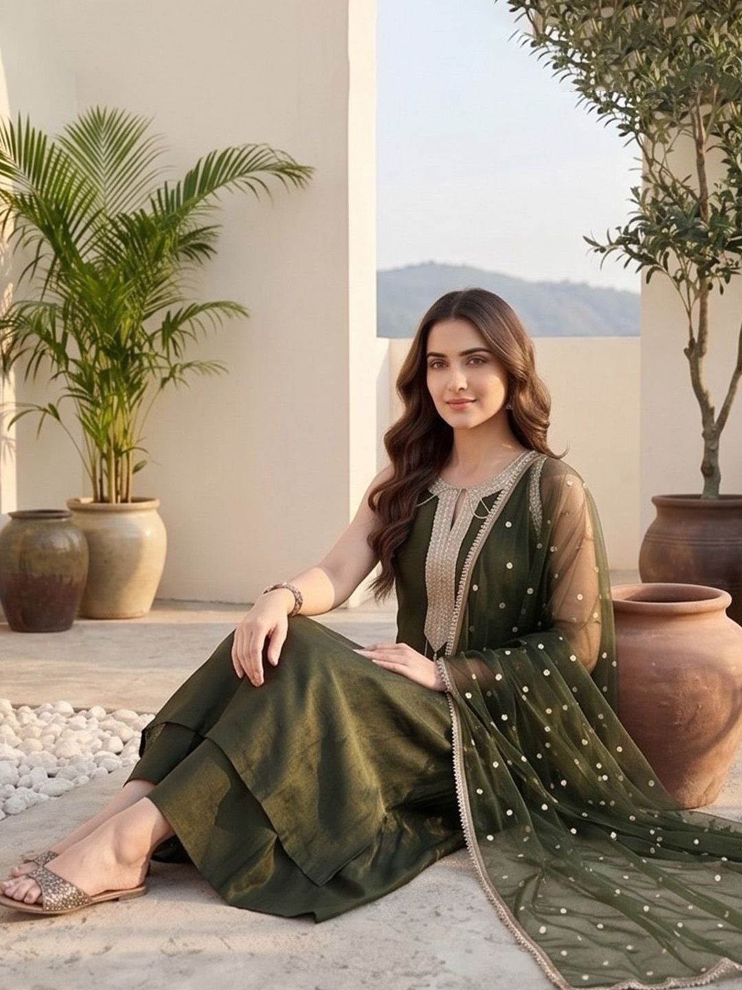 Olive Women Ethnic Motifs Regular Kurta with Palazzos & With Dupatta