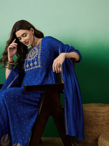 Women's Blue floral Embroidered A-Line Kurta & Trousers With Dupatta