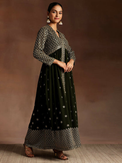 Women's LB Chandni Olive Embroidered Georgette A-Line Kurta With Trousers & Dupatta