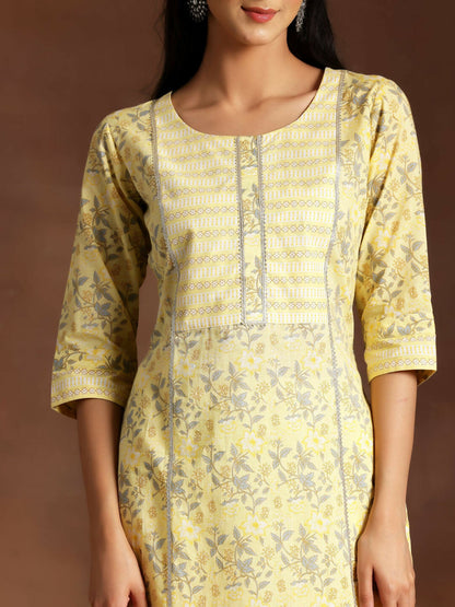 Women's LB Yellow Printed Cotton Straight Suit With Dupatta