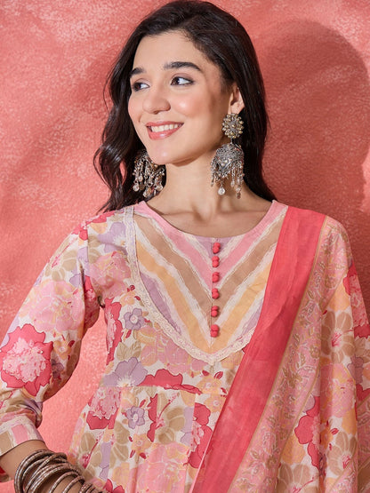 Printed Pure Cotton Round Neck Kurta & Trousers Kurta Sets