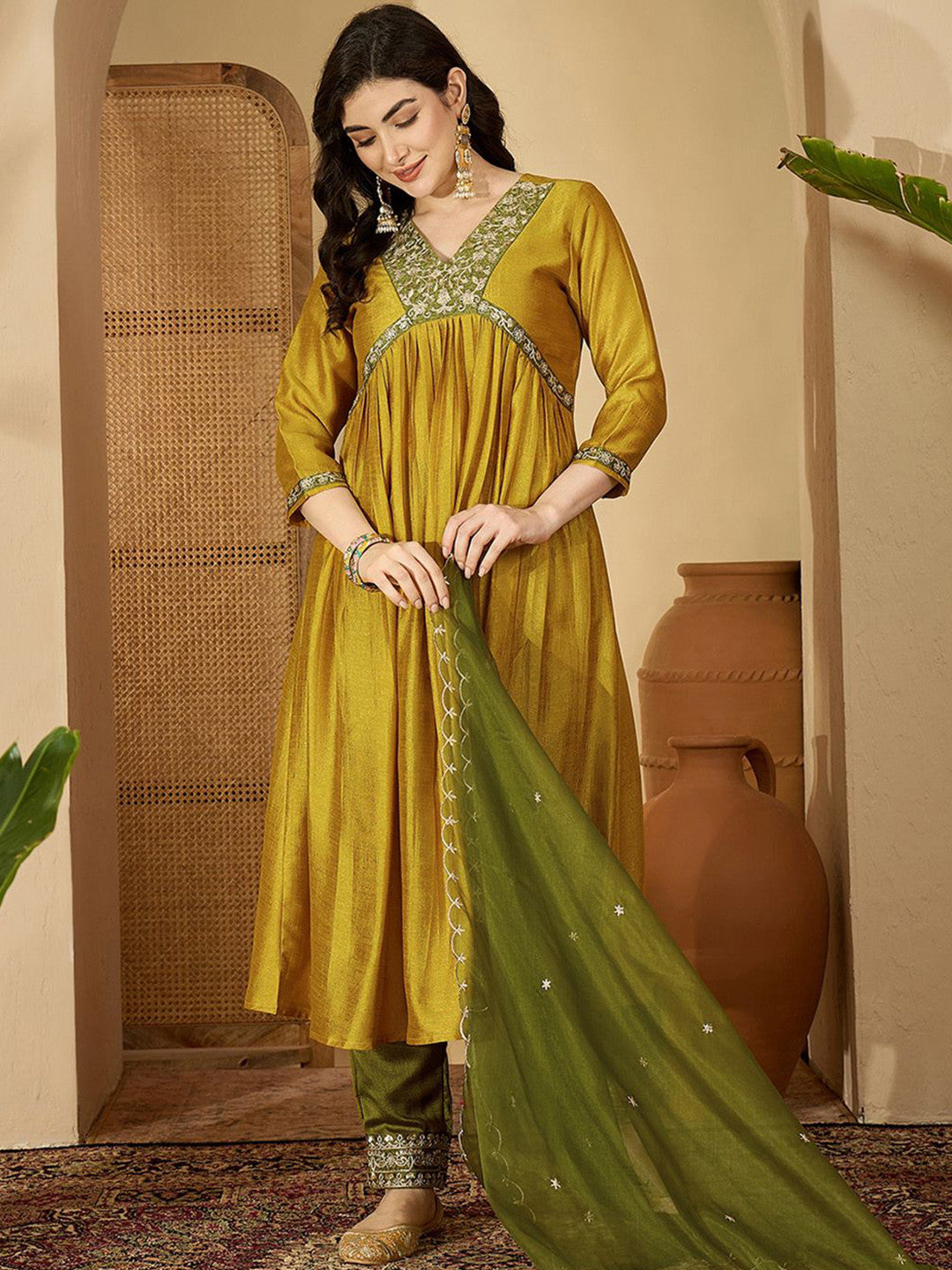 Floral Embroidered V-Neck Empire Sequinned A-Line Kurta & Trousers With Dupatta