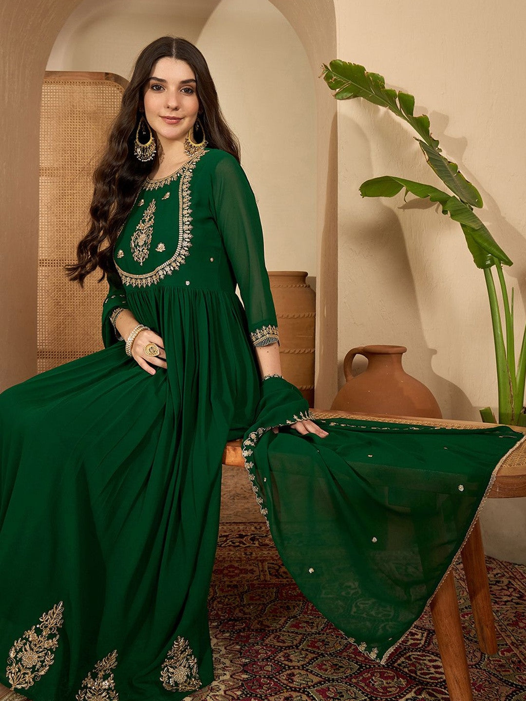 Dhiyona SN Women Ethnic Motifs Embroidered Tiered Thread Work Kurta with Trousers & With Dupatta