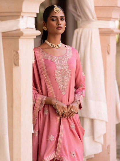 Dhiyona CH Women Floral Embroidered Pleated Mirror Work Kurta with Trousers & Dupatta