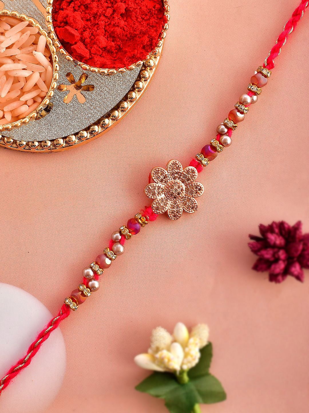 Dhiyona Gold Toned Beaded Floral Rakhi With Roli Chawal & Greeting Card