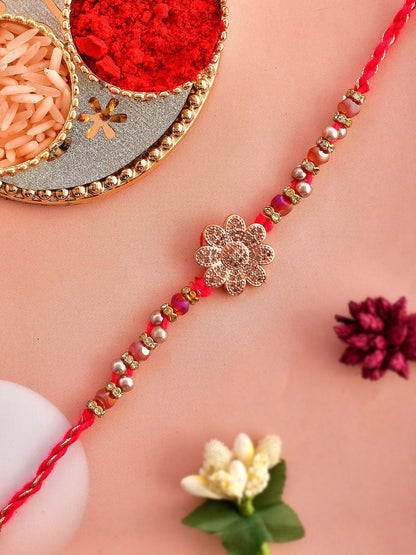 Dhiyona Gold Toned Beaded Floral Rakhi With Roli Chawal & Greeting Card