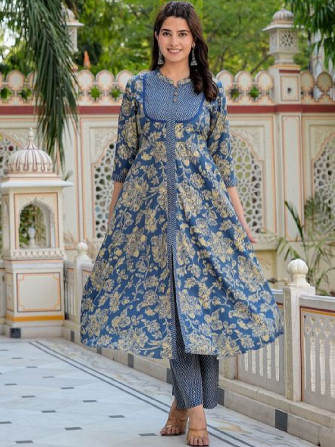 Dhiyona KL Floral Printed Band Collar Kurta with Palazzos & Dupatta