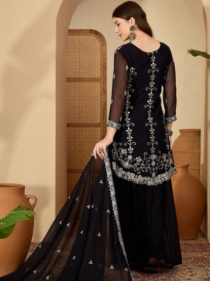 Dhiyona SN Ethnic Motifs Embroidered Sequinned Kurta With Sharara & Dupatta