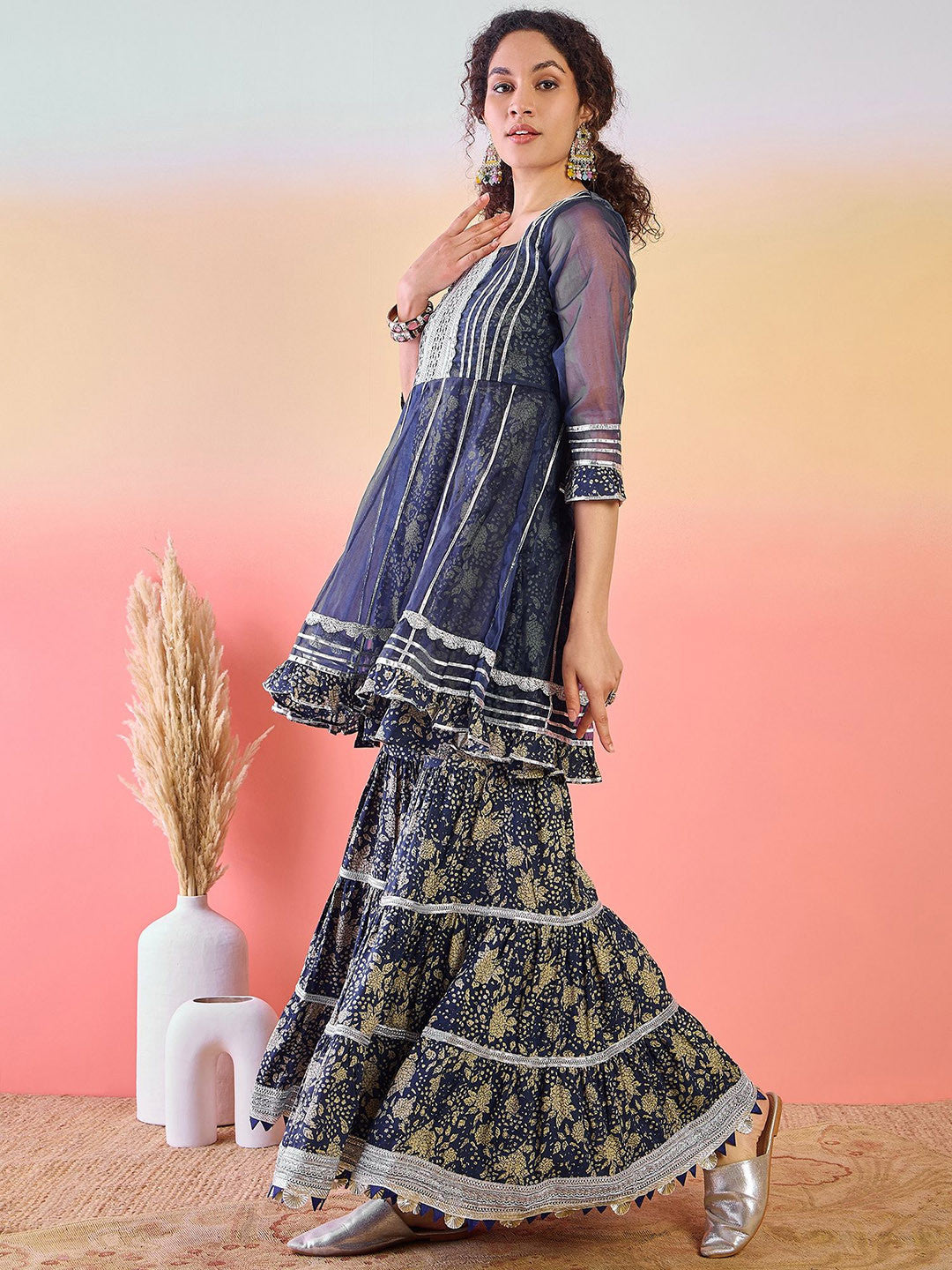 Printed Gotta Patti Square Neck Pure Cotton Anarkali Kurti With Sharara