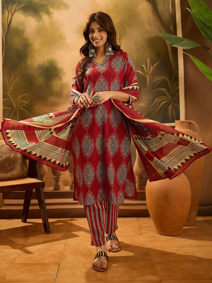 Printed Pure Cotton V-Neck Kurta & Trousers Kurta Sets