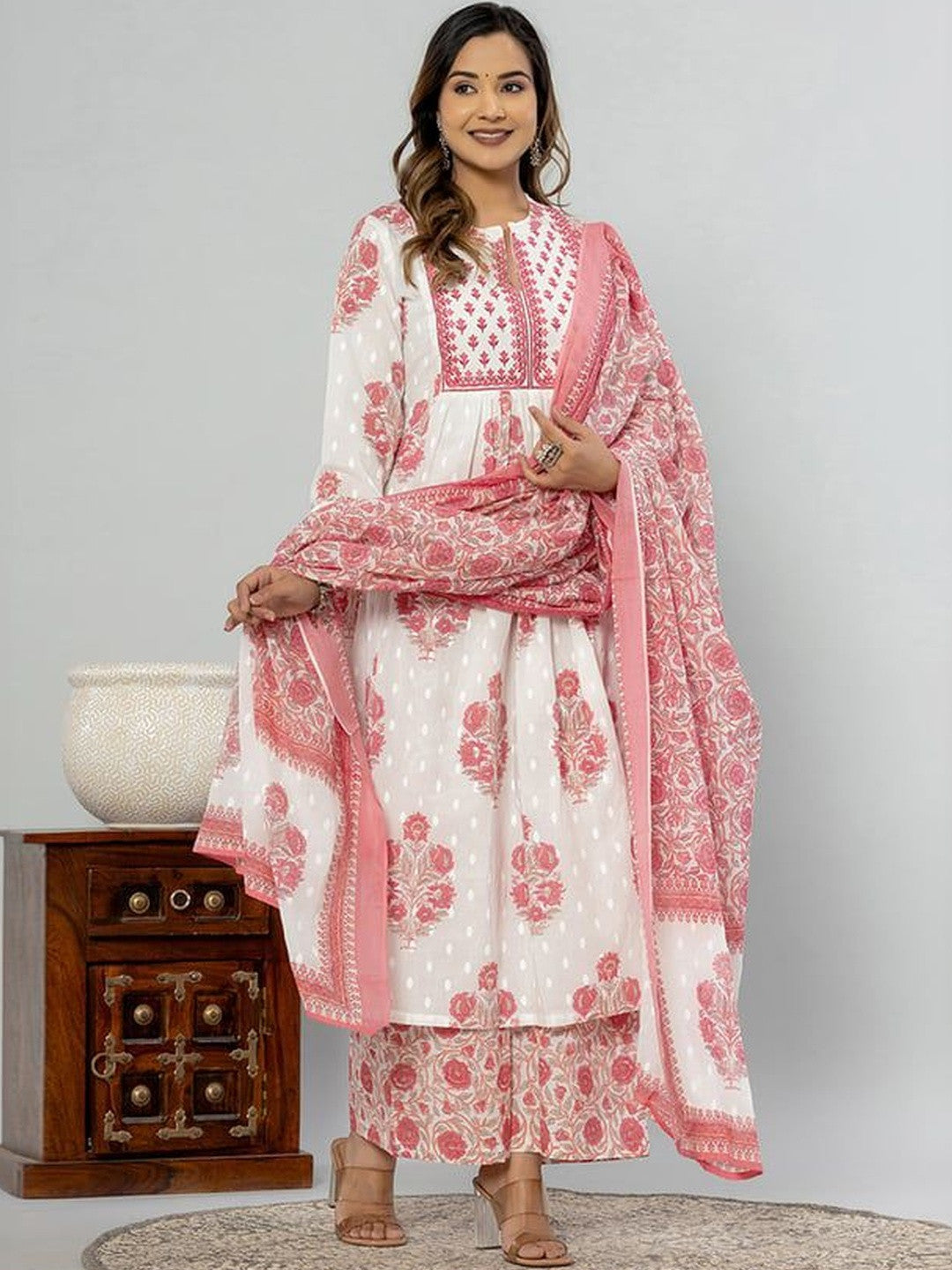 Printed Pure Cotton Mandarian Collar Kurta & Palazzos Kurta Set