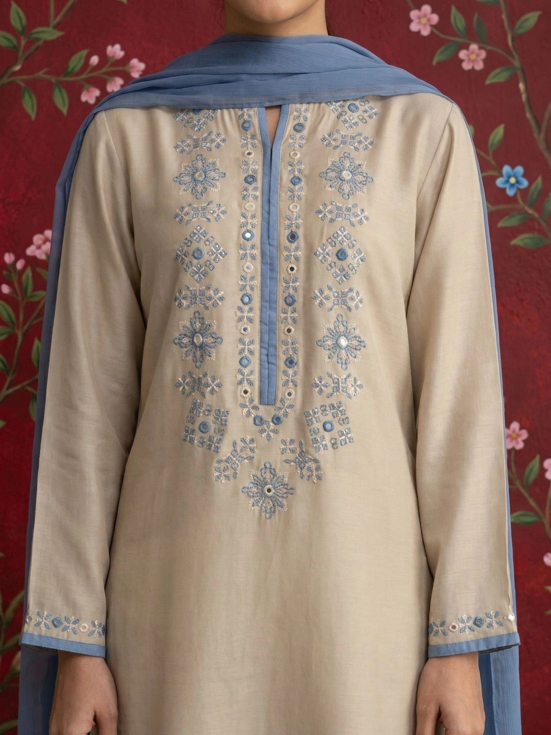 Women Ethnic Motifs Embroidered Regular Mirror Work Chanderi Silk Kurta with Trousers & With Dupatta
