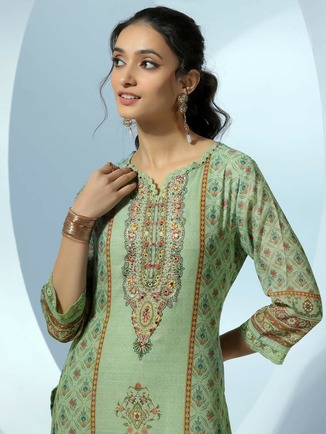 Women's LB Green Printed Linen Straight Suit With Dupatta