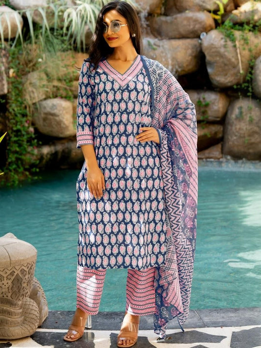 Dhiyona KL Women Navy Blue Pure Cotton Kurta Sets