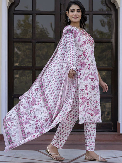 Dhiyona KL Paisley Printed Mirror Work Straight Pure Cotton Kurta With Trousers & Dupatta