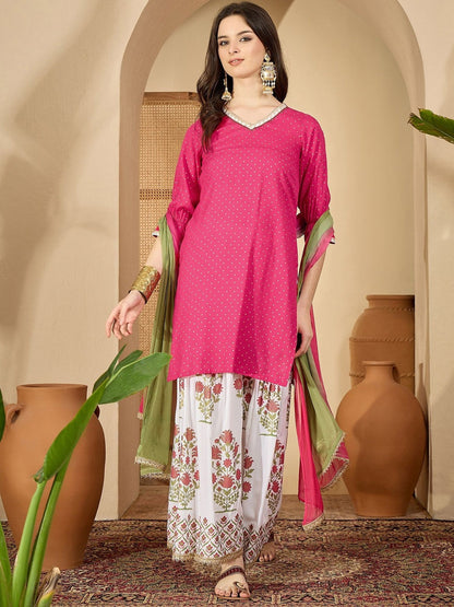 Polka Dots Printed Bell Sleeves Straight Kurta With Sharara & Dupatta