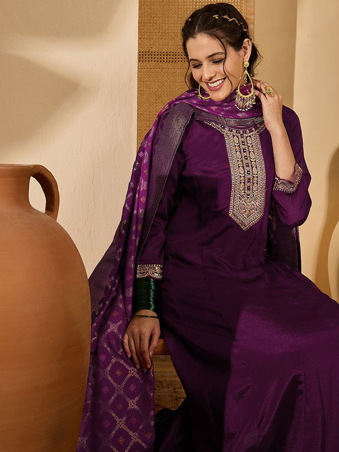 Women Floral Embroidered A-Line Kurta with Trousers & Dupatta