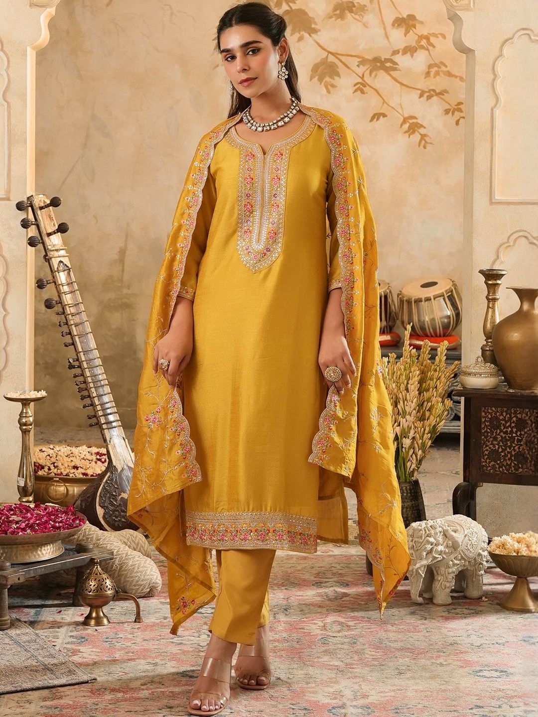 Dhiyona IE Women Ethnic Motifs Embroidered Regular Thread Work Kurta with Trousers & Dupatta