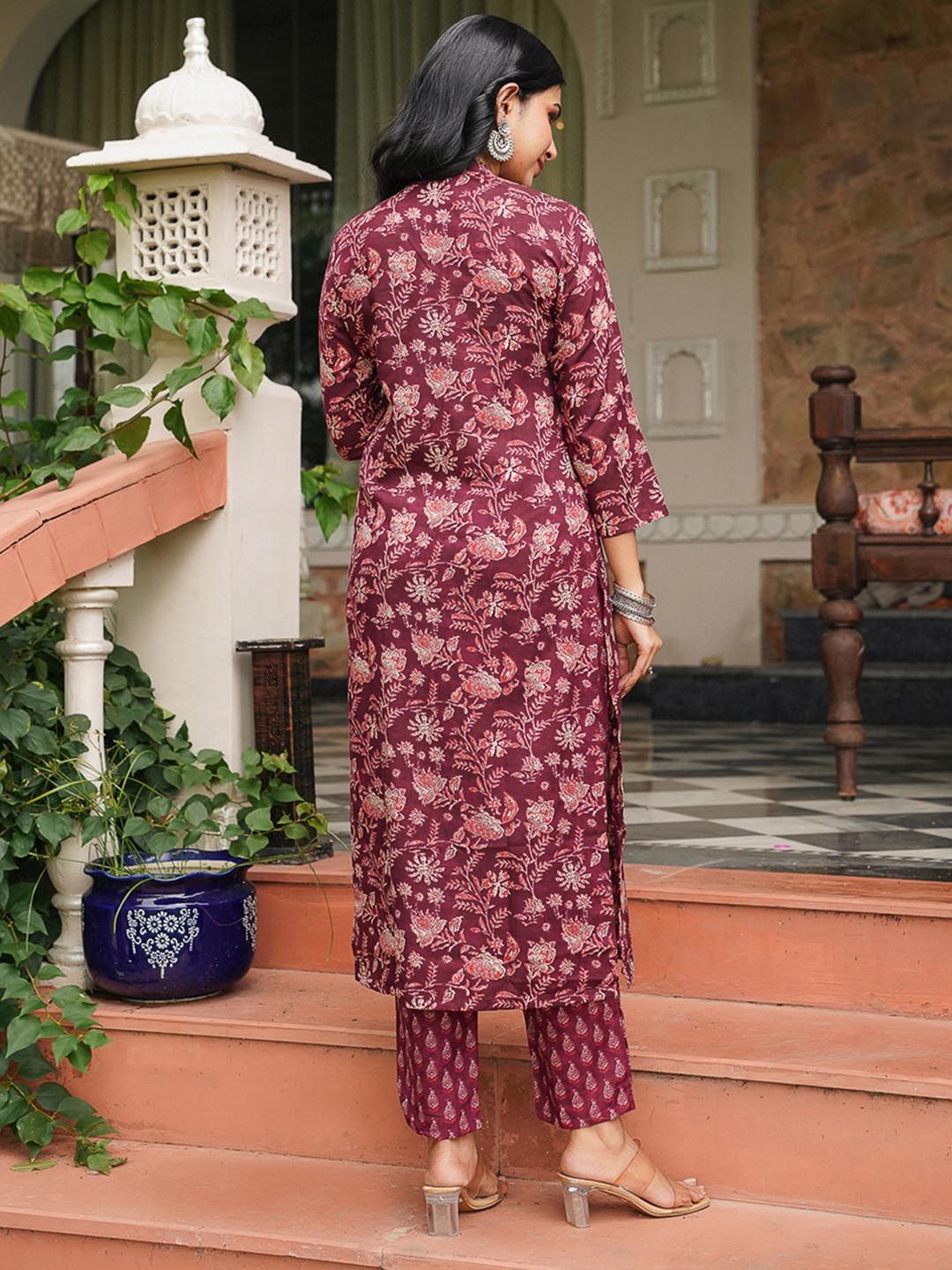 Dhiyona KL Floral Printed Mandarin Collar Straight Kurta With Trousers & Dupatta
