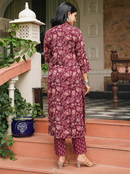 Dhiyona KL Floral Printed Mandarin Collar Straight Kurta With Trousers & Dupatta