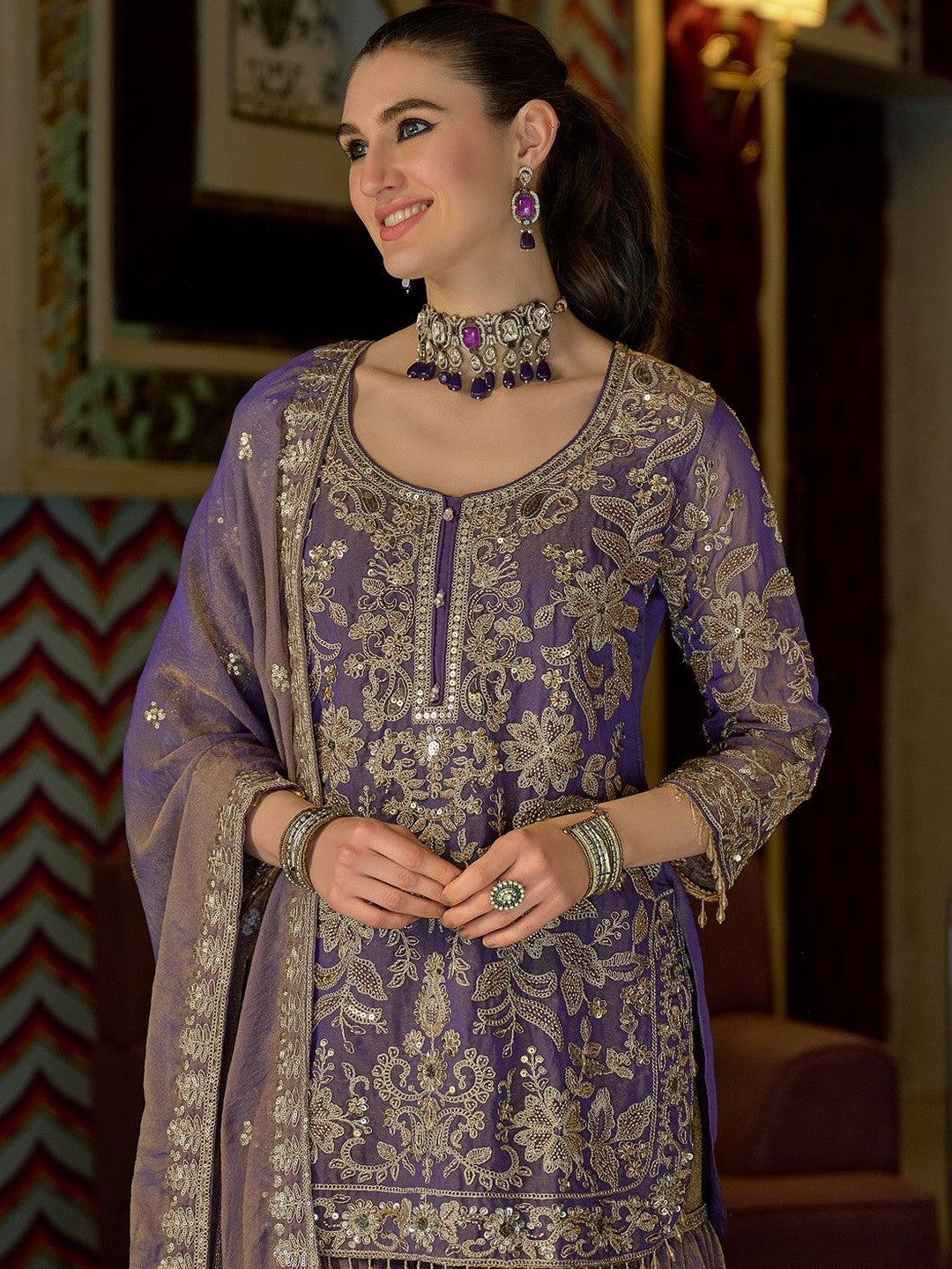 Women Ethnic Motifs Embroidered Regular Thread Work Kurta with Sharara & With Dupatta