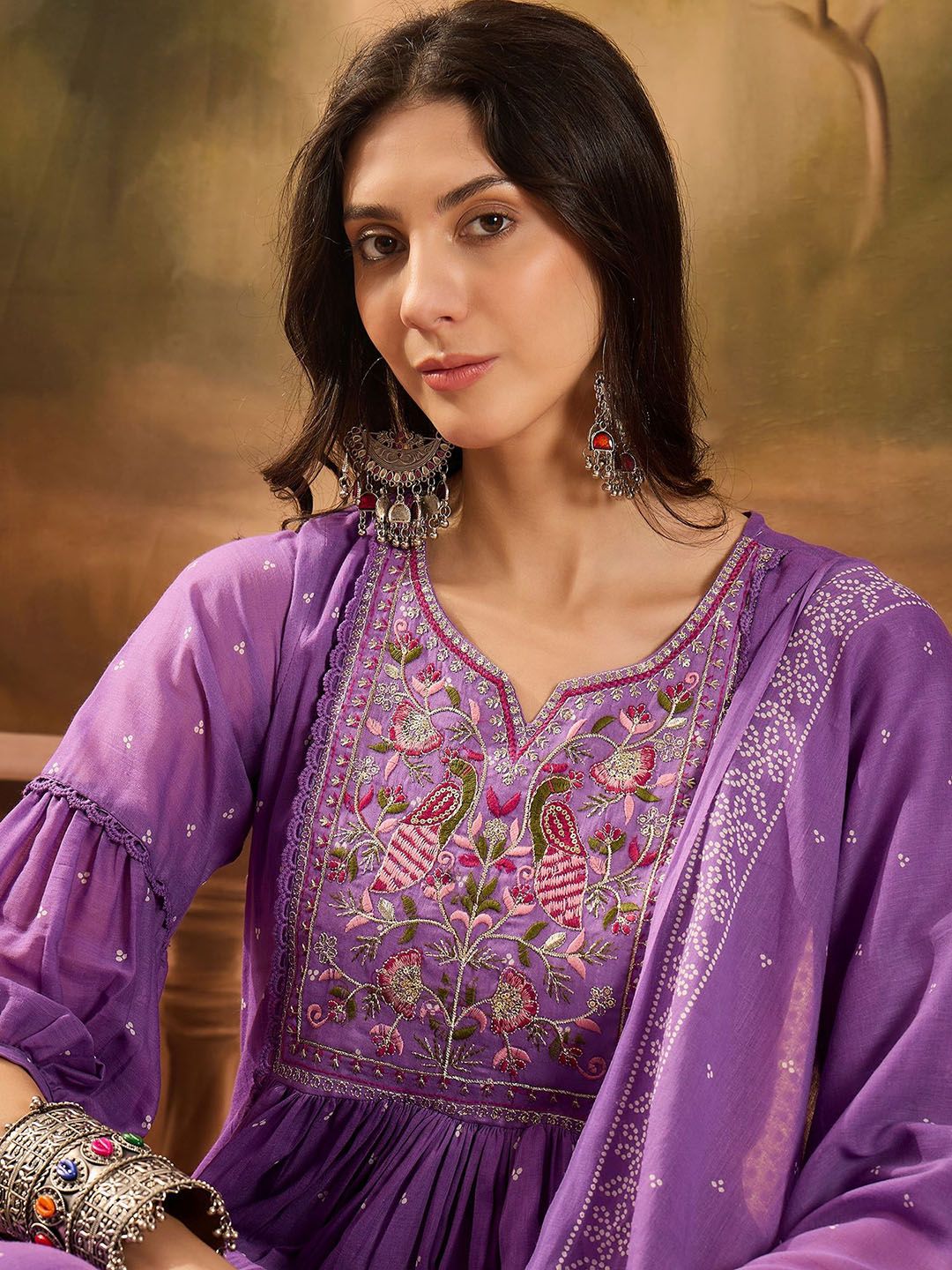 Dhiyona SN Women's Thread Embroidered Pure Cotton Anarkali Kurta With Trousers & Dupatta