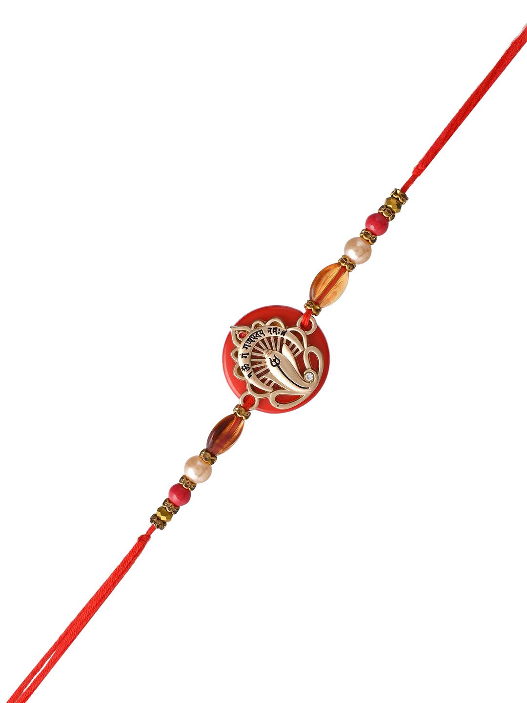 Dhiyona Red Resin-Based Ganesha Rakhi With Roli Chawal & Greeting Card