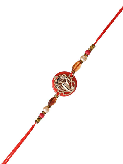 Dhiyona Red Resin-Based Ganesha Rakhi With Roli Chawal & Greeting Card
