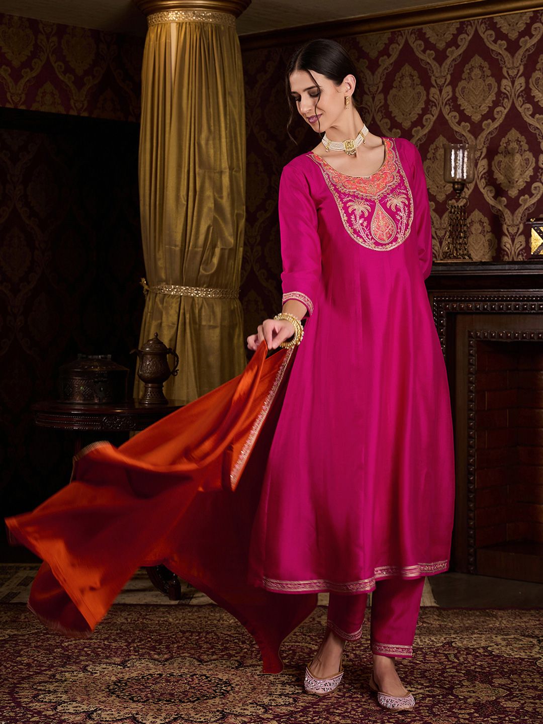Dhiyona CH Women Floral Embroidered Pleated Sequinned Kurta With Trousers & Dupatta Kurta Sets