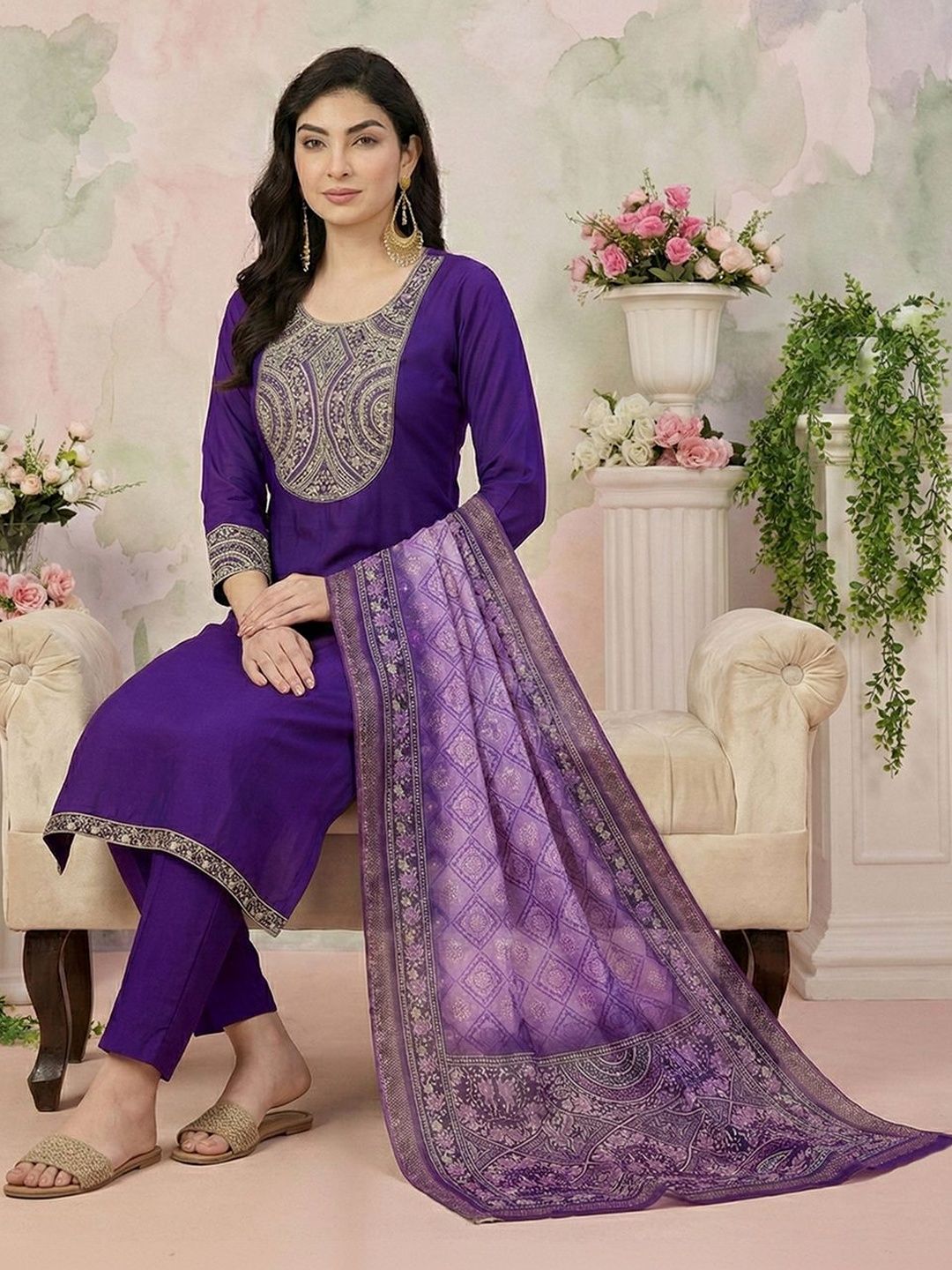 Dhiyona CH Women Ethnic Motifs Embroidered Regular Thread Work Kurta with Trousers & With Dupatta