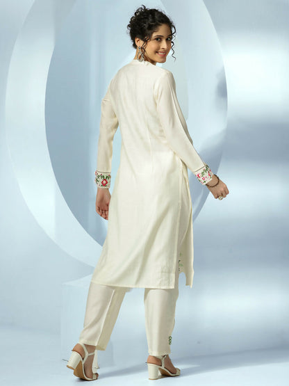 Women's LB Off White Embroidered Silk Blend Straight Kurta Set