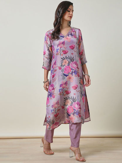 Dhiyona SO Women's Floral Printed Regular Beads and Stones Tissue Straight Kurta With Trouser