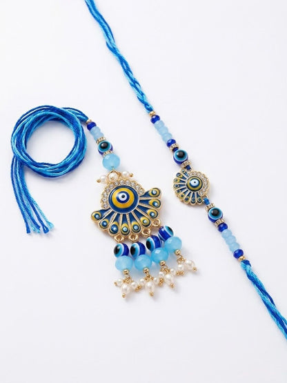 Dhiyona Set Of 2 Blue Evil Eye Artificial Beads Bhaiya Bhabhi Rakhi With Roli Chawal