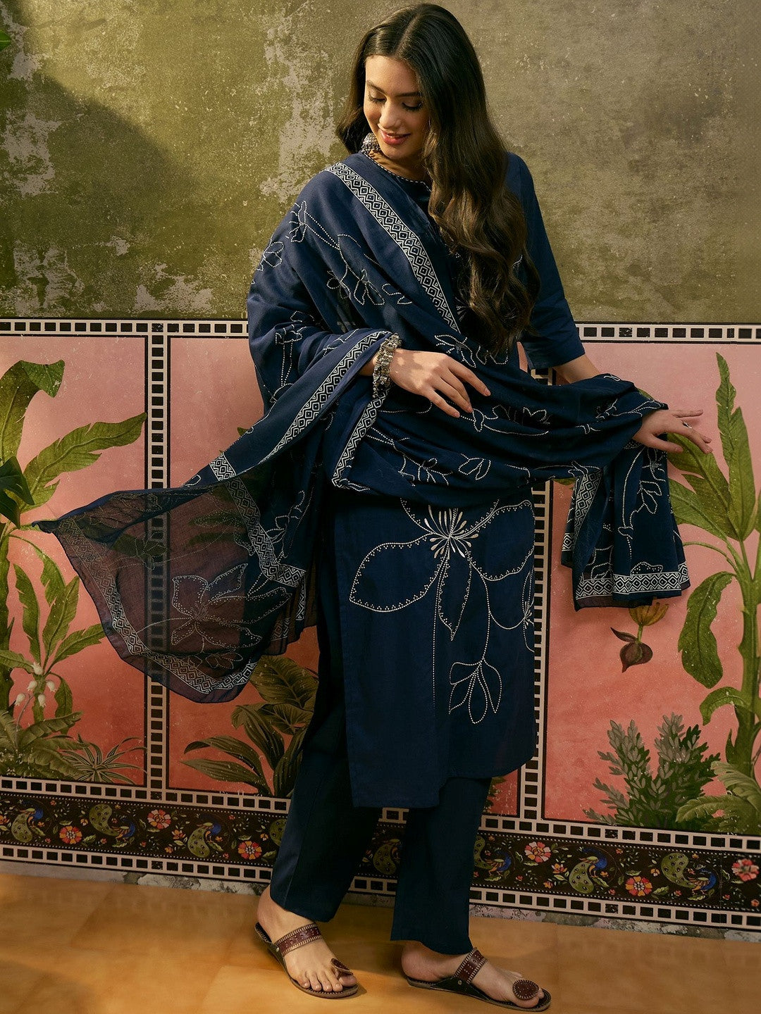 Floral Embroidered Pure Cotton Straight Kurta & Trousers With Dupatta