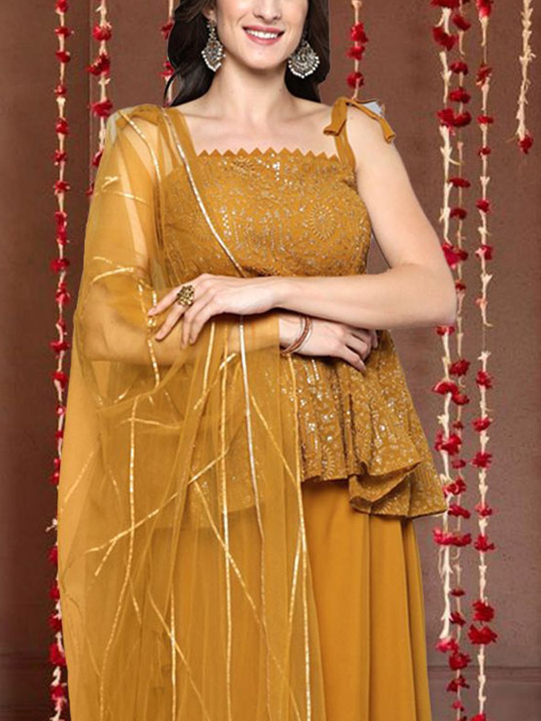 Dhiyona SN Floral Embroidered Shoulder Straps Sequinned Georgette Top & Palazzo With Dupatta